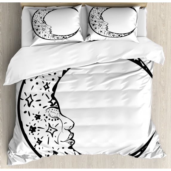 Magic Moon Duvet Cover Set King Size, Monochrome Modern Crescent with Human Face and Starry Ornament, Decorative 3 Piece Bedding Set with 2 Pillow Shams, Charcoal Grey White, by Ambesonne