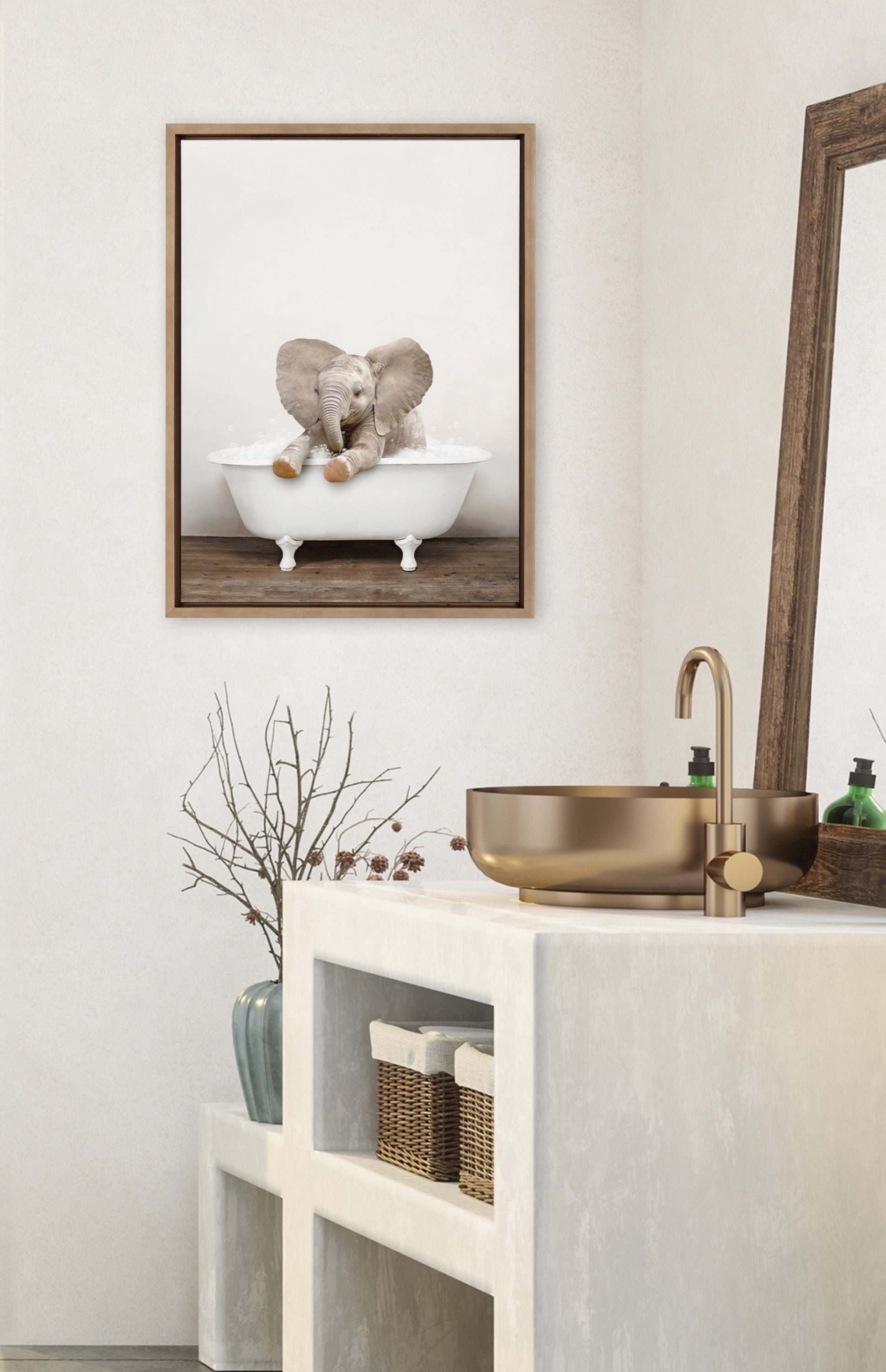 Kate and Laurel Sylvie Baby Elephant No 6 in Rustic Bath Framed Canvas Wall Art by Amy Peterson Art Studio, 18x24 Gold, Modern Fun Decorative Bathtub Wall Art for Home Décor