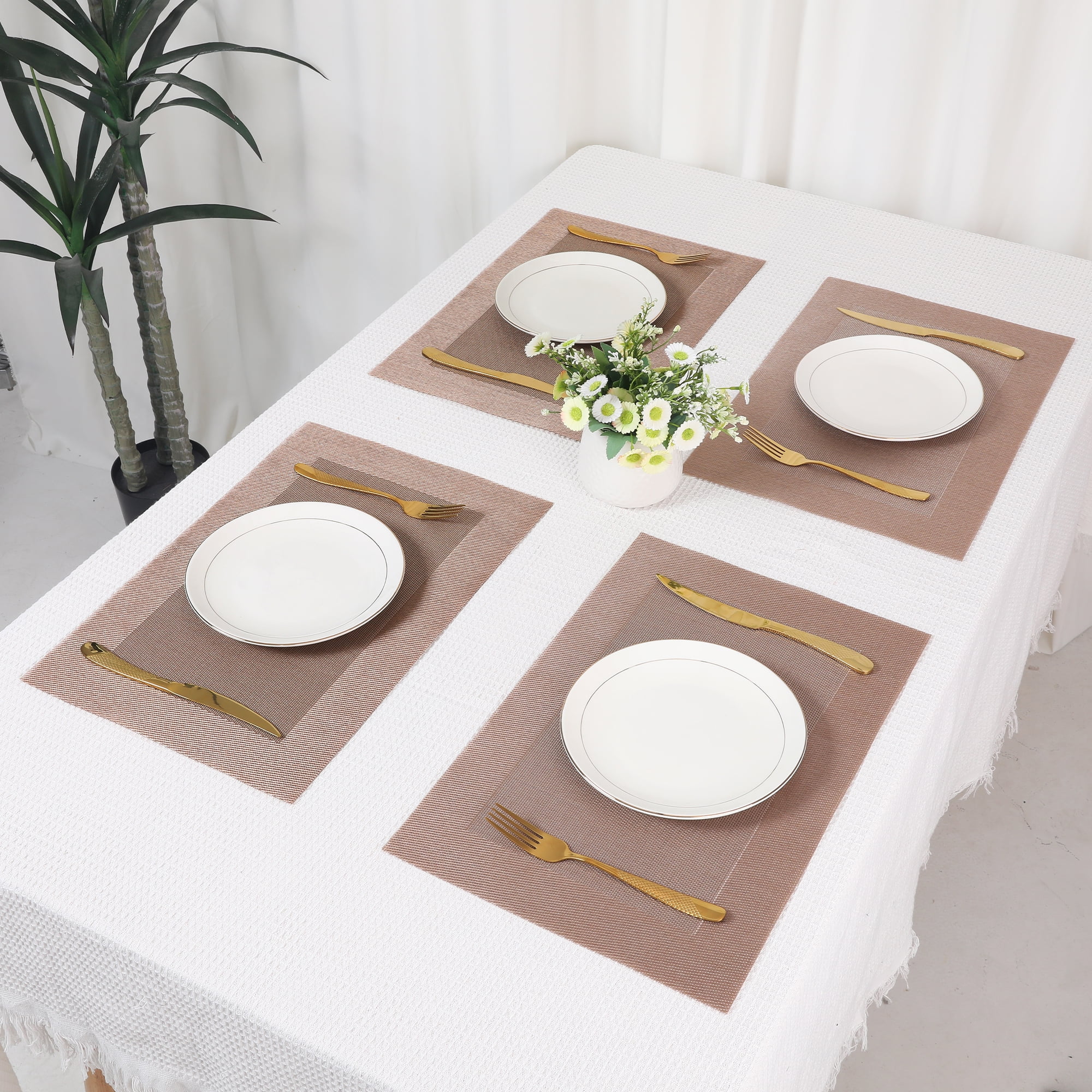 Unique Bargains Set of 8 Table Placemats Washable Wipeable Table Mat Rose Gold 18x12Inch