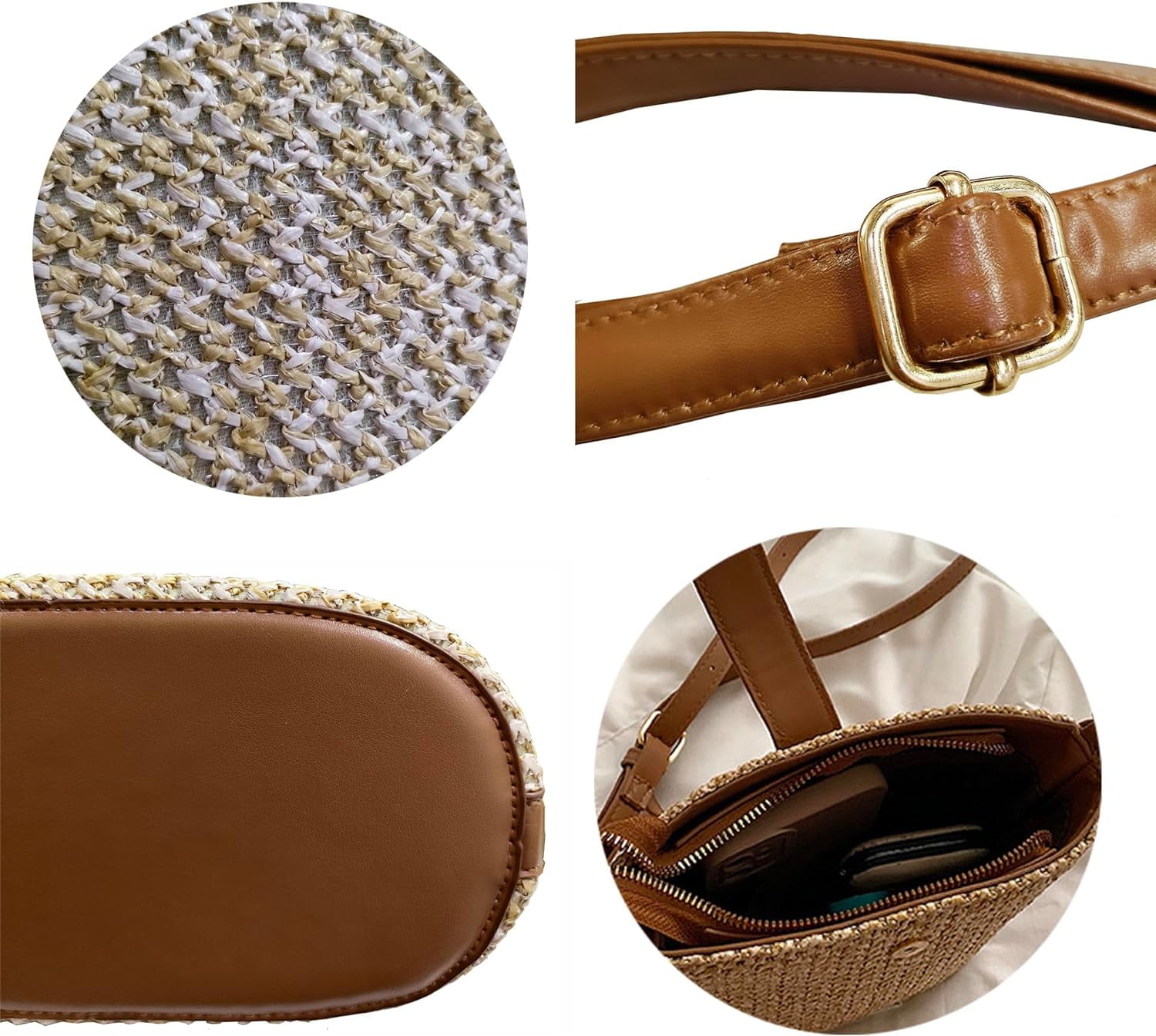 CAILDANL Women Straw Crossbody Bag Beach Handmade Rattan Shoulder Bags Hand Woven Leather Straps Straw Clutch Purse Vacation