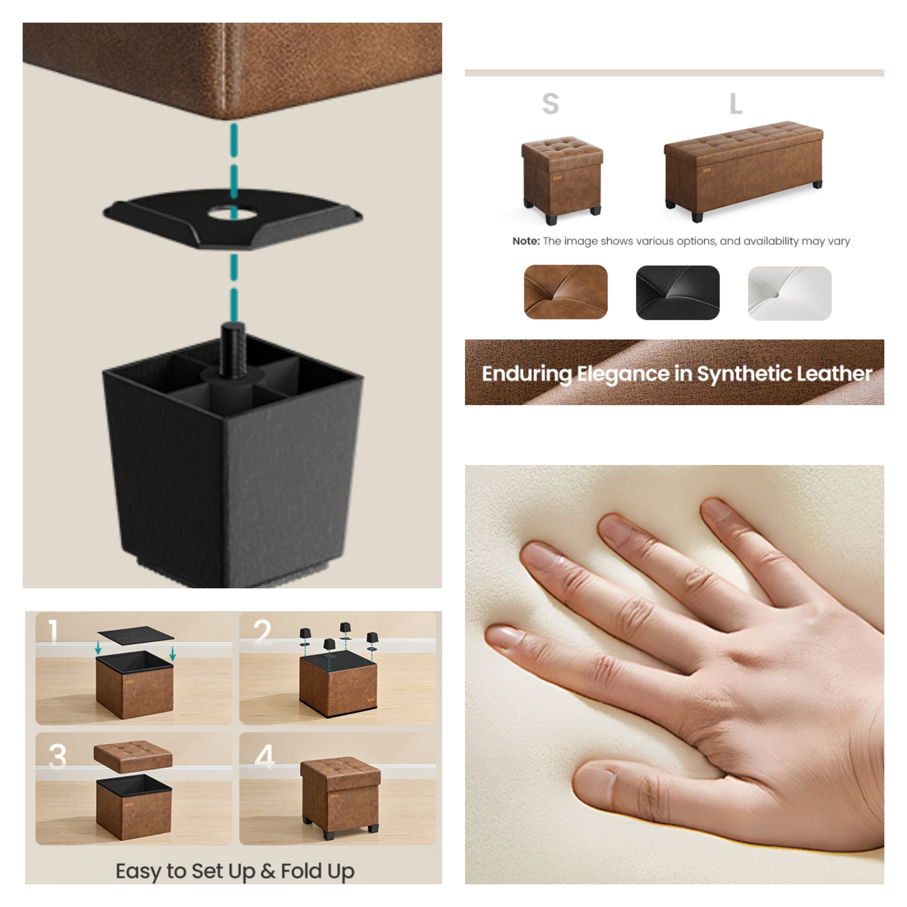 Ledrem Coffee Brown Foldable Ottoman Storage Bench, Footstool with 660 lb Capacity