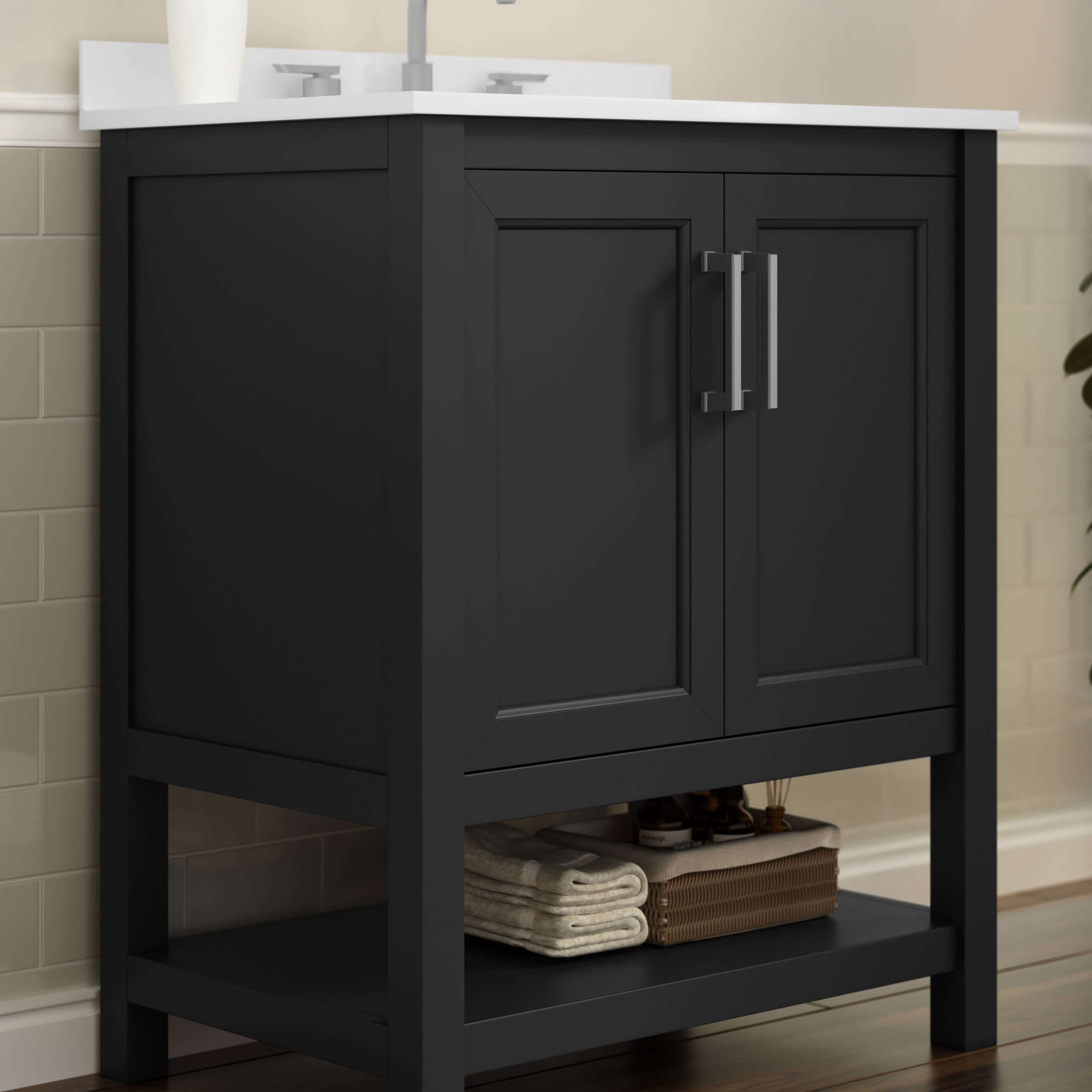BizChair 30 Inch Bathroom Vanity with Sink Combo, Storage Cabinet with Soft Close Doors and Open Shelf, Carrara Marble Finish Countertop, Black
