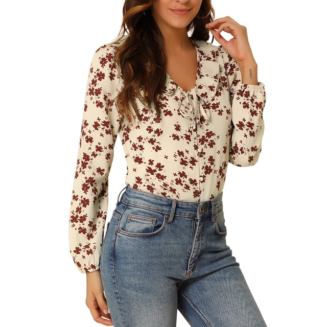 INSPIRE CHIC Women's Vintage Floral Tie V Neck Ruffle Fall Blouse Tops XS Beige