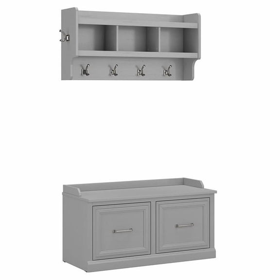 Woodland 40W Shoe Bench with Doors and Coat Rack in Gray - Engineered Wood