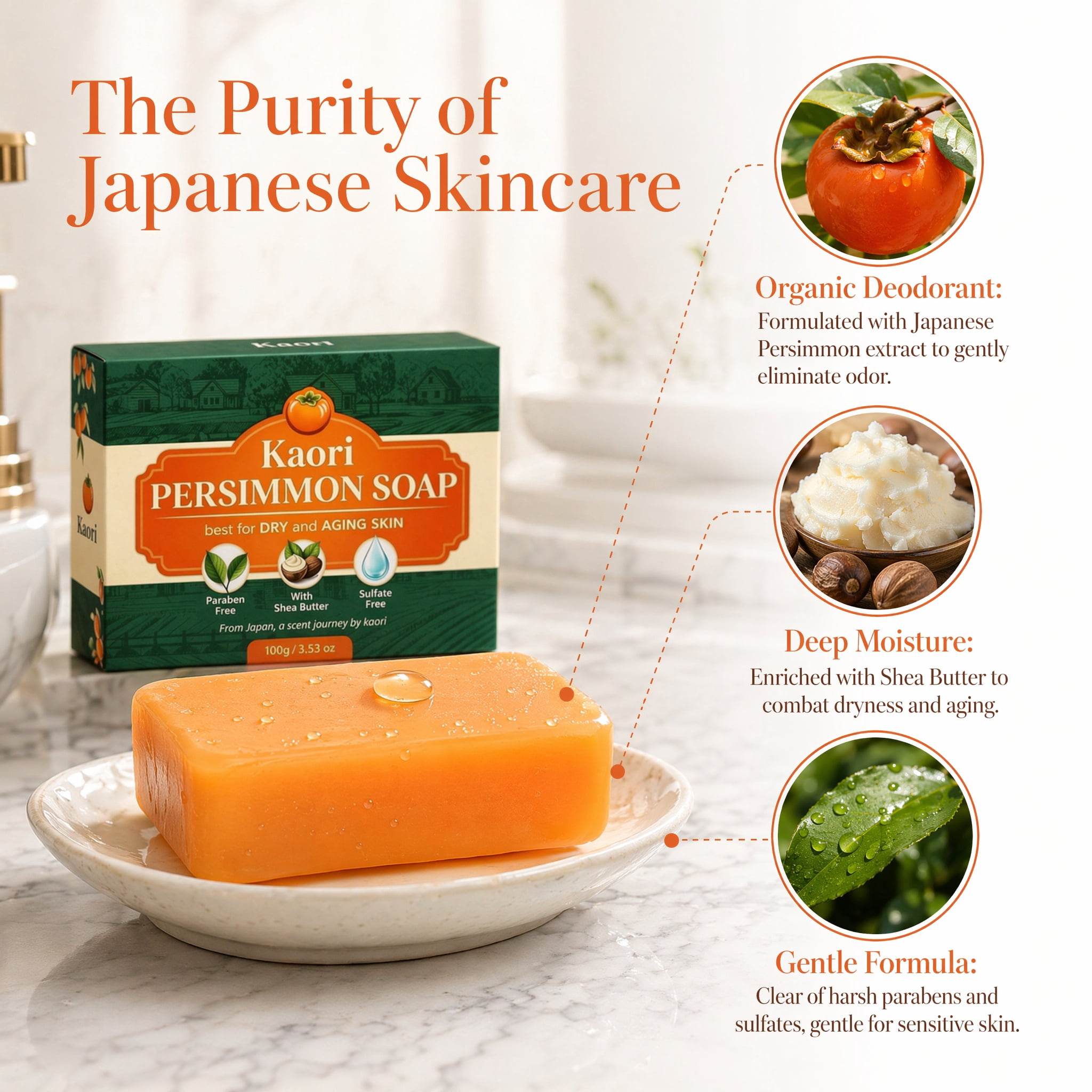 ADNOON Kaori Persimmon Soap, Japanese Persimmon Soap for Old People Smell, Gentle Cleansing Body, Handmade Natural Soaps For Better Skin, For Underarms & Feet, for Men & Women (1PCS)