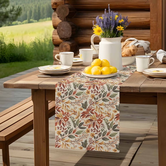 Vintage Botanical Nature Floral Table Runner 13x70in Non-Slip Cotton Linen Table Runners, Country Watercolor Leaves Dresser Scarves TableRunner for Dinner Kitchen Dining Wedding Party