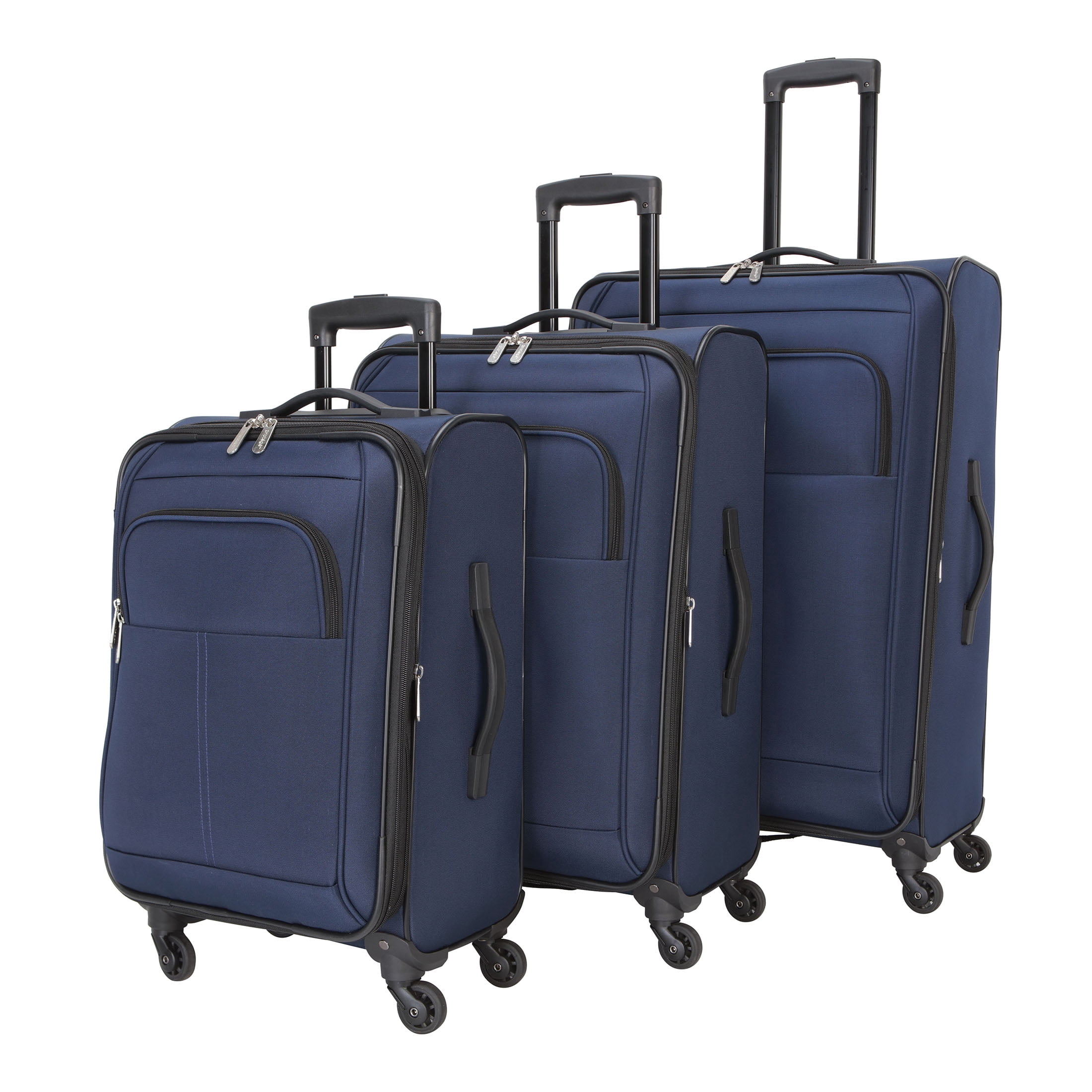 Protégé 7-Piece Softside Polyester Luggage Set With 360 Spinner Wheels and Divider Pockets, Includes 28-inch Checked, 24-inch Checked, 20-inch Carry-On, 2 Large and 2 Medium Packing Cubes, Blue Cove