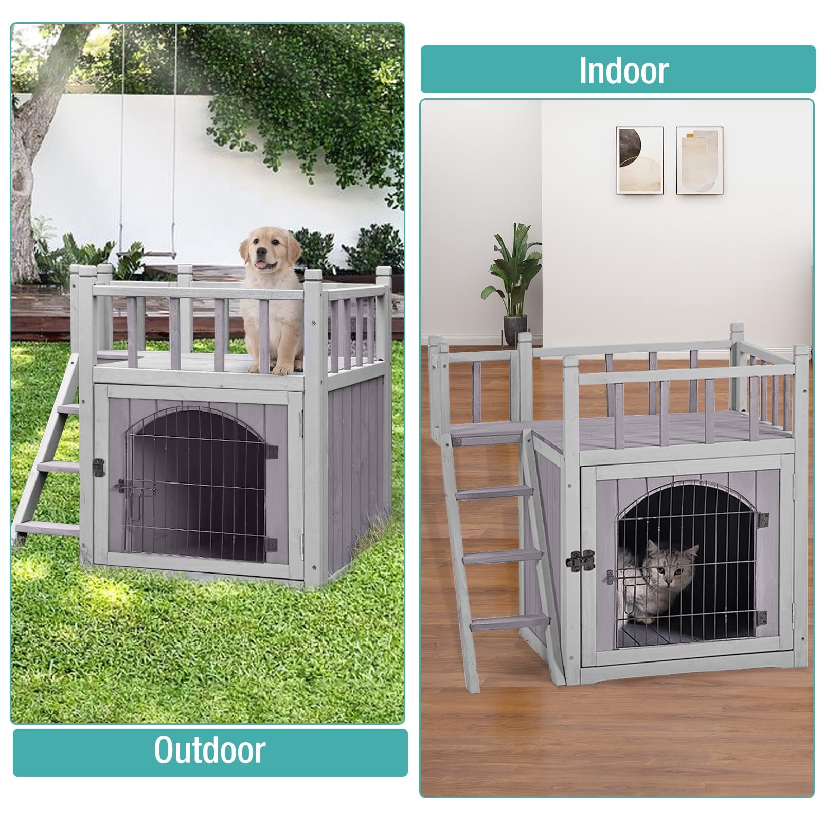 Aivituvin Wooden Cat House Outdoor Kitty Shelter Pet Houses with Stairs, 2 Storys