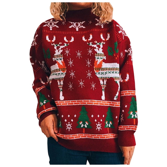 IROINID Chandail à Col Rond pour Femmes Imprimé Ample Mi-Long à Manches Longues Flocon de Neige Sapin de Noël Chandail pour Dames