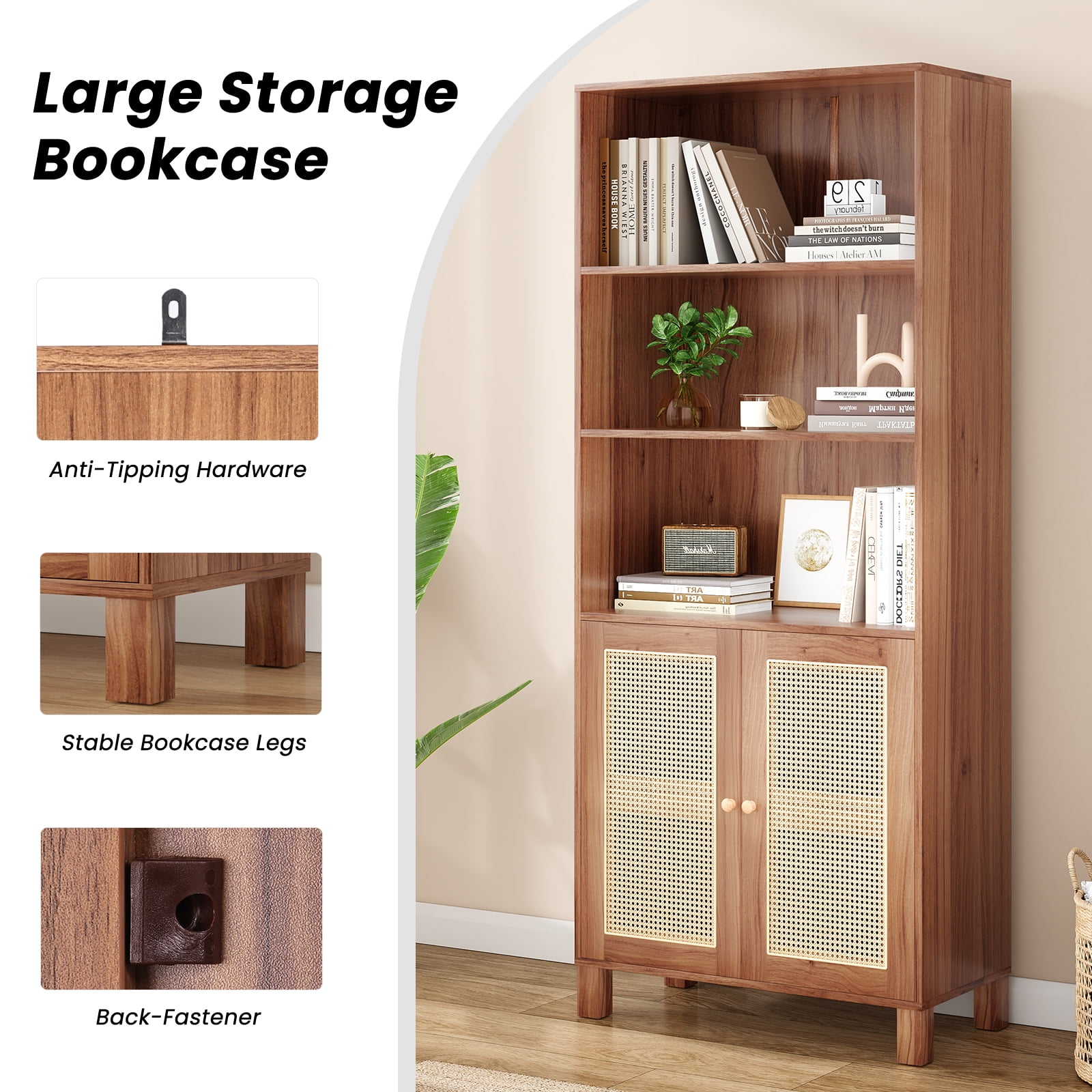 Aukfa Tall Storage Cabinet with Rattan Doors, 5-Tier Wooden Bookcase, Farmhouse Multi-Purpose Cabinet for Living Room,Walnut