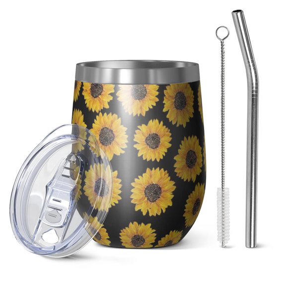 12oz Stemless Wine Tumblers Black Sunflower Vacuum Insulated Stainless Steel Travel Tumbler Cups Mug with Lid and Straw for Champaign,Cocktail,Beer with Cleaning Brush