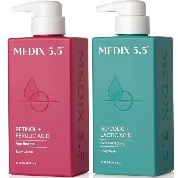 Medix 5.5 Limpiador exfoliante para rostro y cuerpo con ácido glicólico AHA + Loción de crema corporal hidratante con retinol Cuidado de la piel Juego de 2 piezas | Jabón facial espumoso con ácido alf
