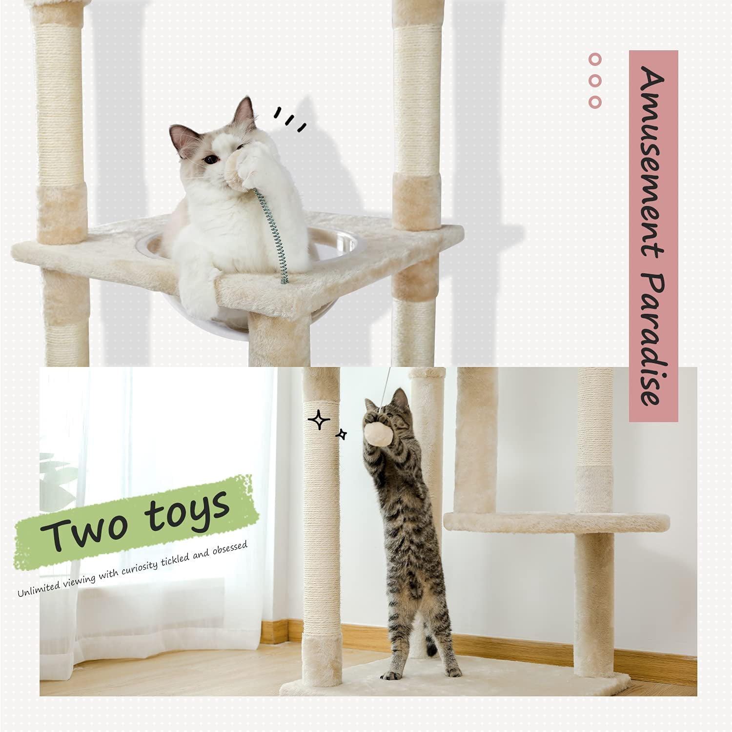 PEQULTI Floor to Ceiling Cat Tree 92.9’’-101.6’’ Height Adjustable Cat Tower Tall  Climbing Play House with Scratching Posts, Cozy Condo, Perches and Large Hammock for Indoor Cats Beige