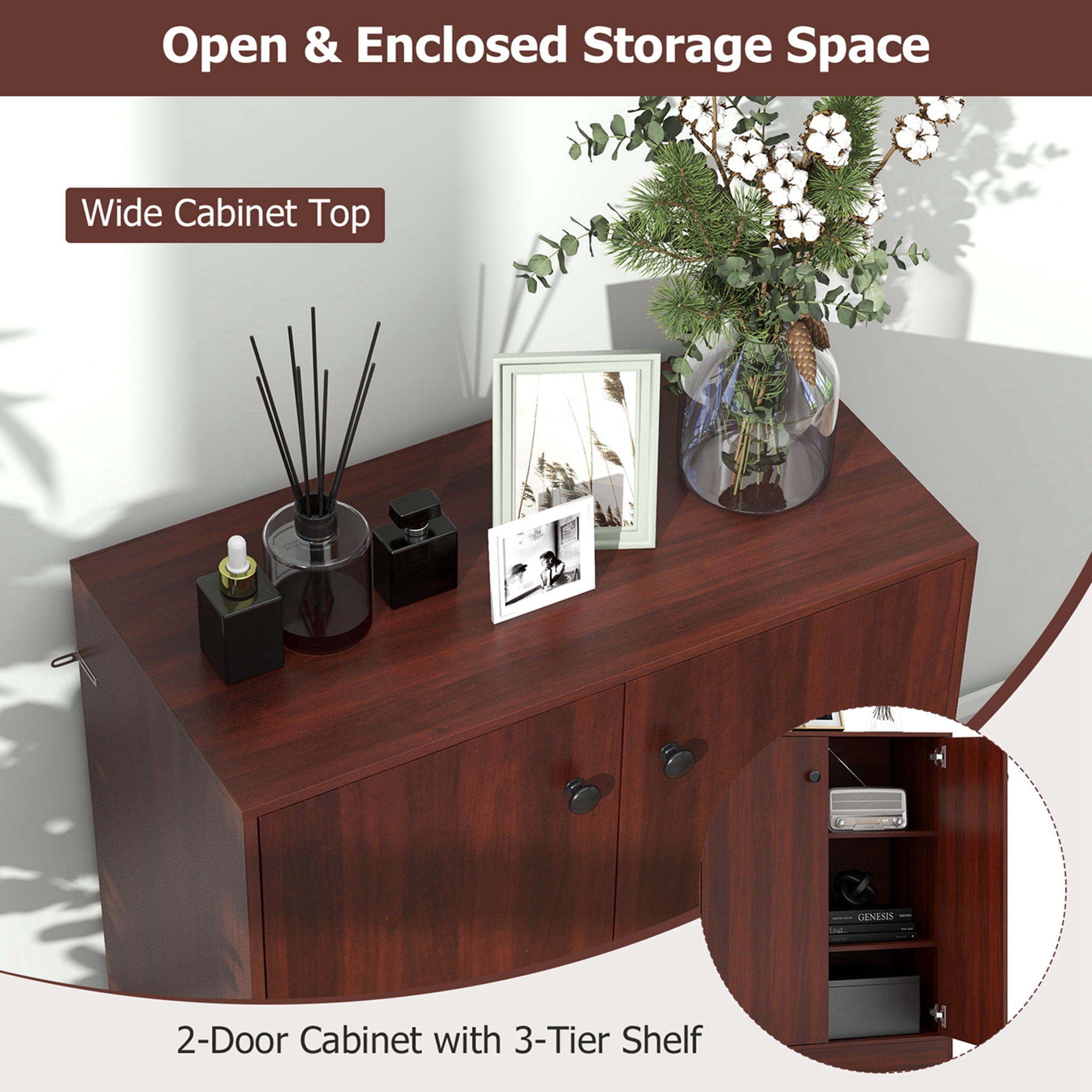 Costway 2-Door Storage Cabinet Freestanding Storage Organizer with 3-Tier Shelf Entryway Brown