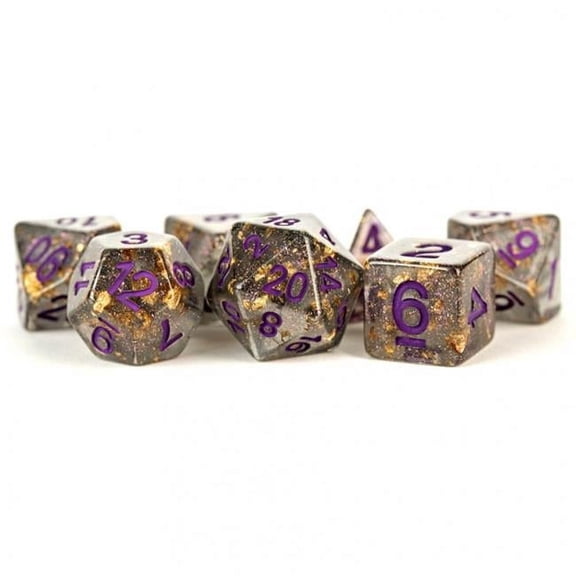 16 mm Clear Specialty Resin Dice with Gold Foil & Purple Numbers - Set of 7