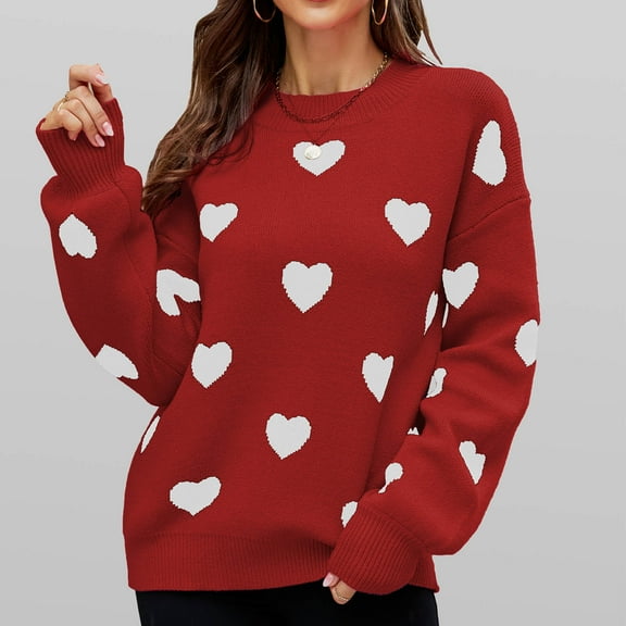 AGWOLF Cute Sweaters for Women Chunky Crewneck Knit Pullover Casual Heart Print Long Sleeve Jumper Trendy Drop Shoulder Tops
