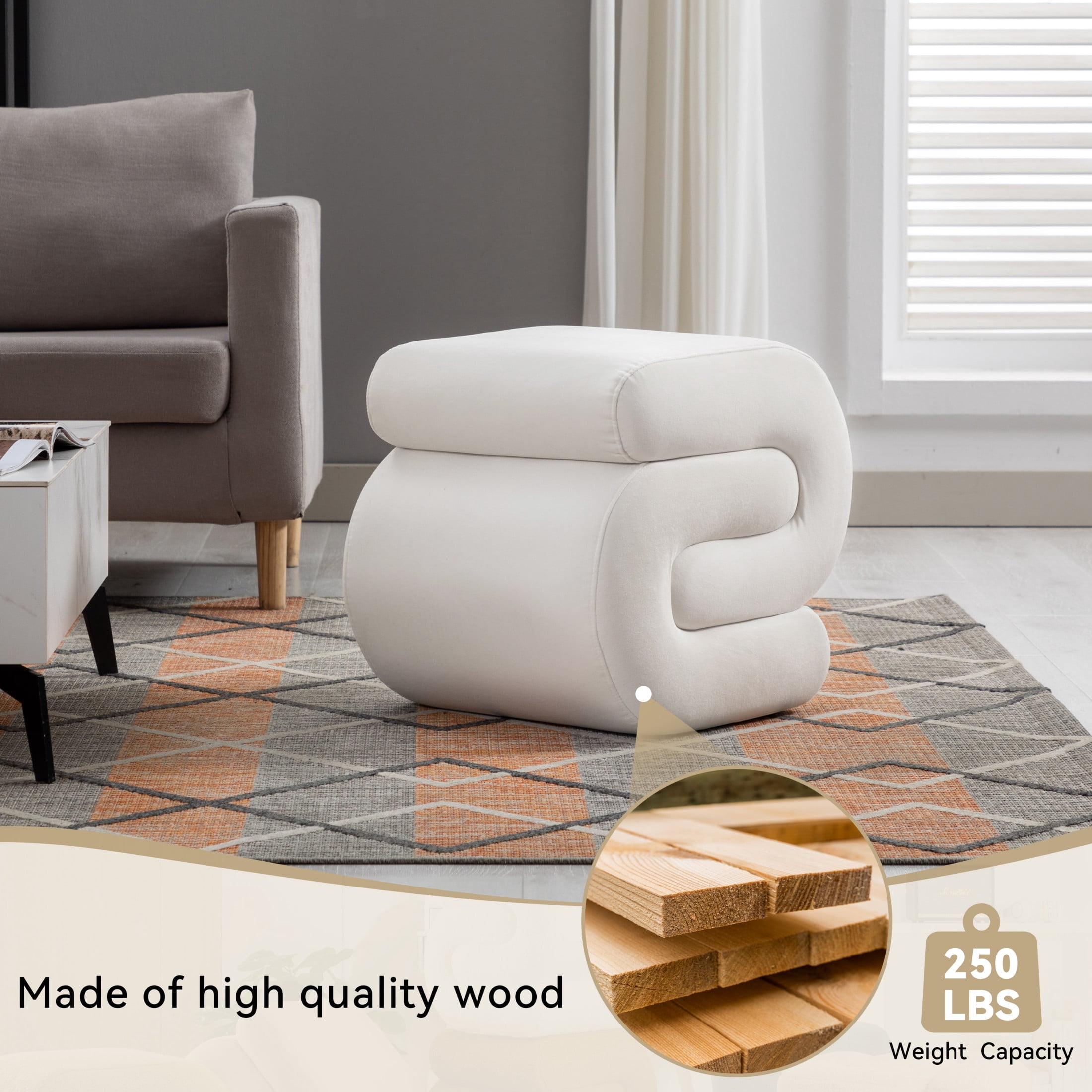 Noble House Rache 19" S-Shape Velvet Accent Ottoman, Plush Makeup Footrest Table Stool with Foam, White