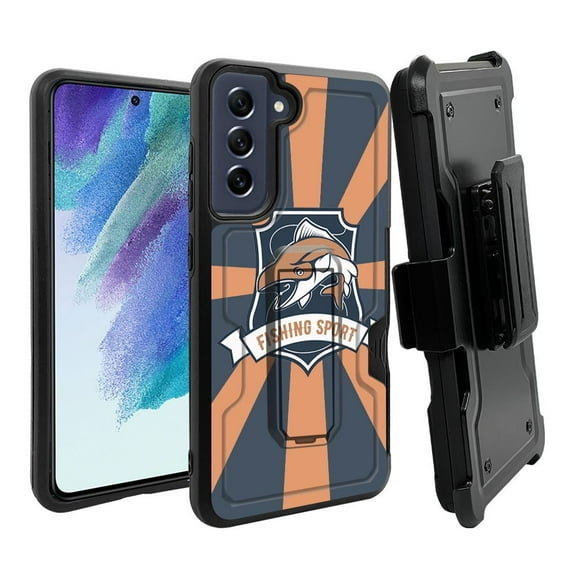 ANJ  Rugged Dual Layer Hybrid Holster Kickstand Case w/ Card Slot   Tempered Glass Cover for Samsung Galaxy S21 FE 5G - Fishing Sport