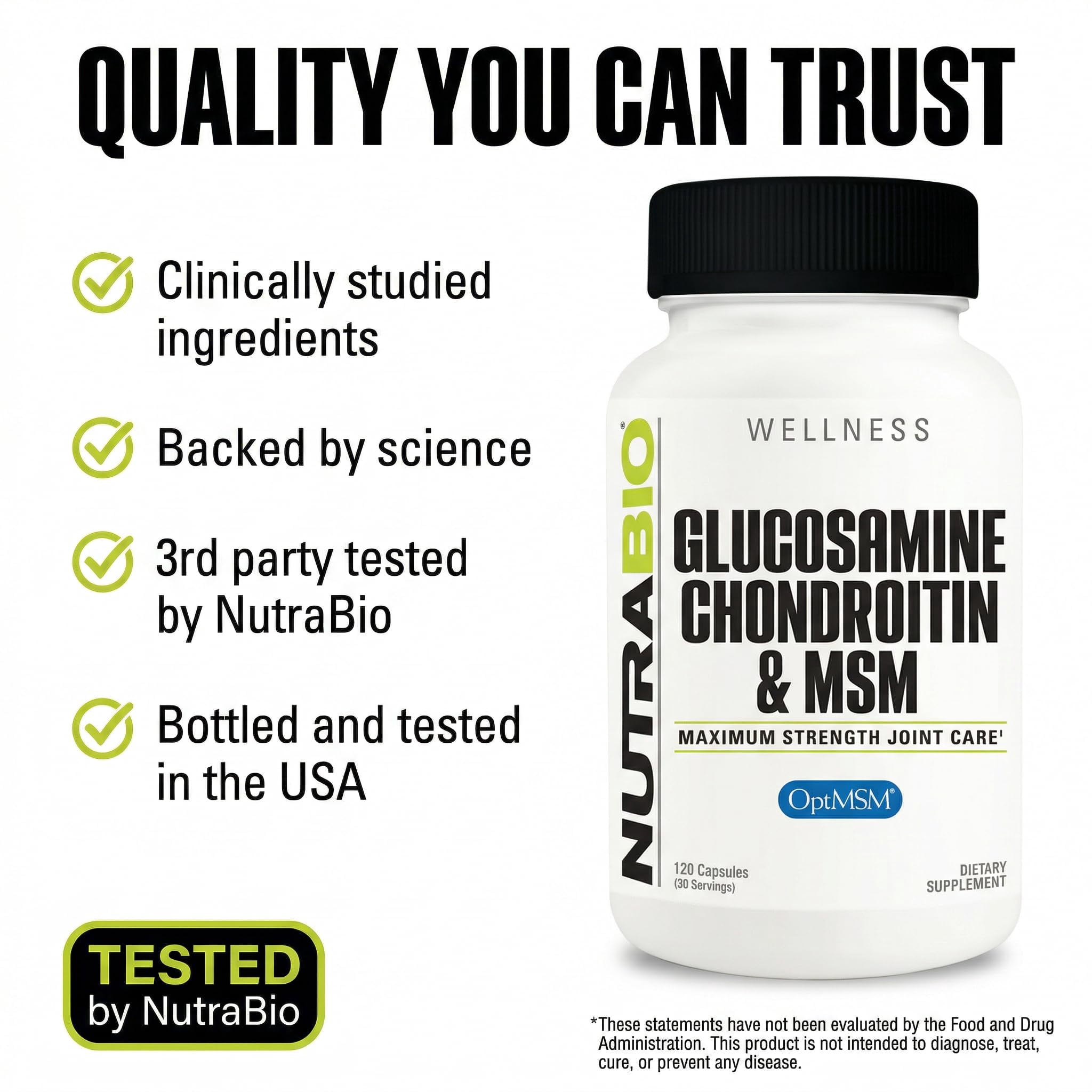 NutraBio Glucosamine Chondroitin & OptiMSM Supplement, Joint Support Formula - 120 Capsules (120 Count)