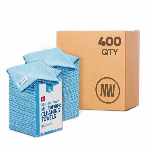Bulk 12” X 12” All Purpose Microfiber Towels Wholesale - Case Quantity (400 Count) | No Fraying | High Density Microfiber | Zero Chemical Cleaner | Long-Lasting (Blue)