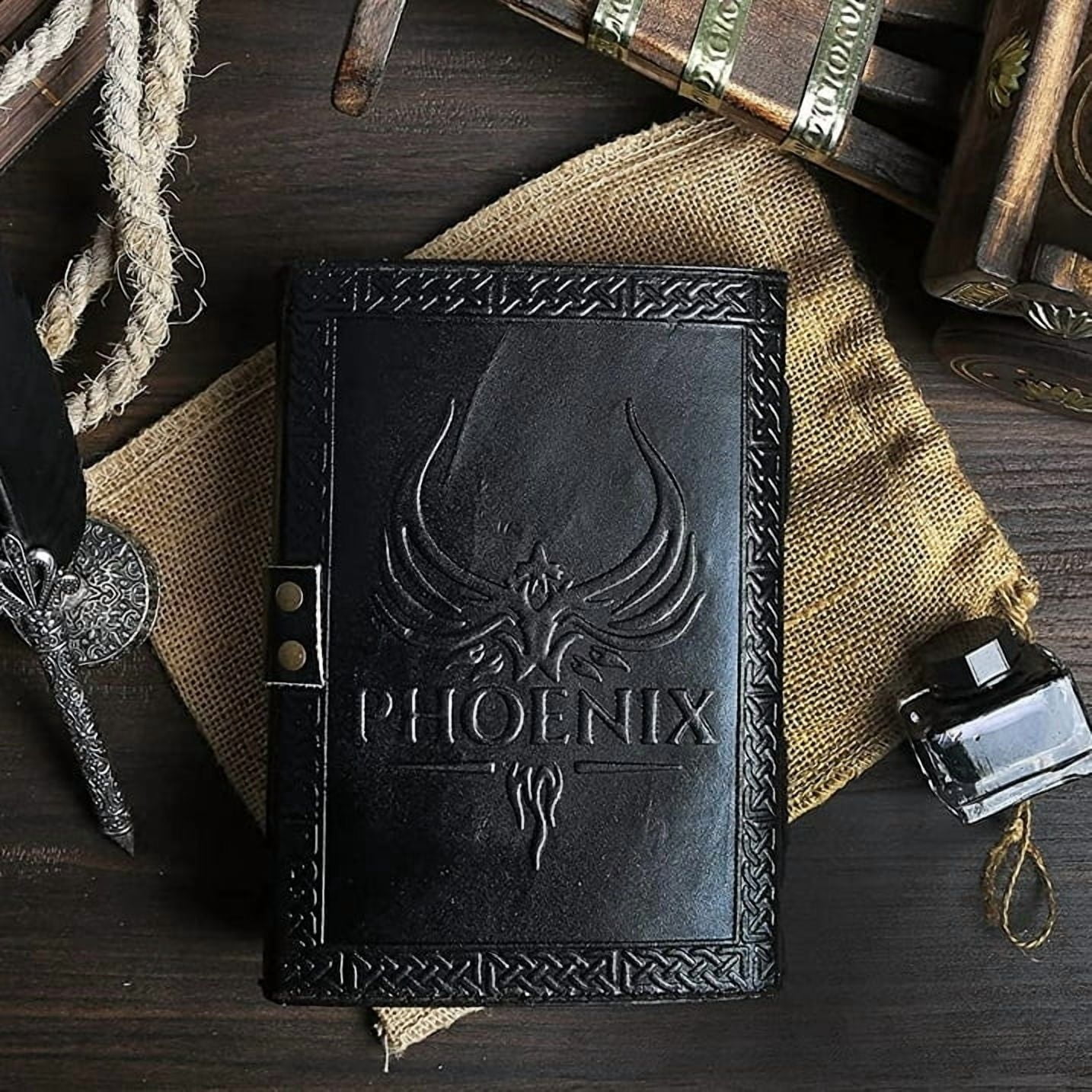Harry Potter Vintage Leather Spell Book – Handmade Grimoire Journal with Stone, Deckle Edge Paper, Witchcraft Gift for Men & Women