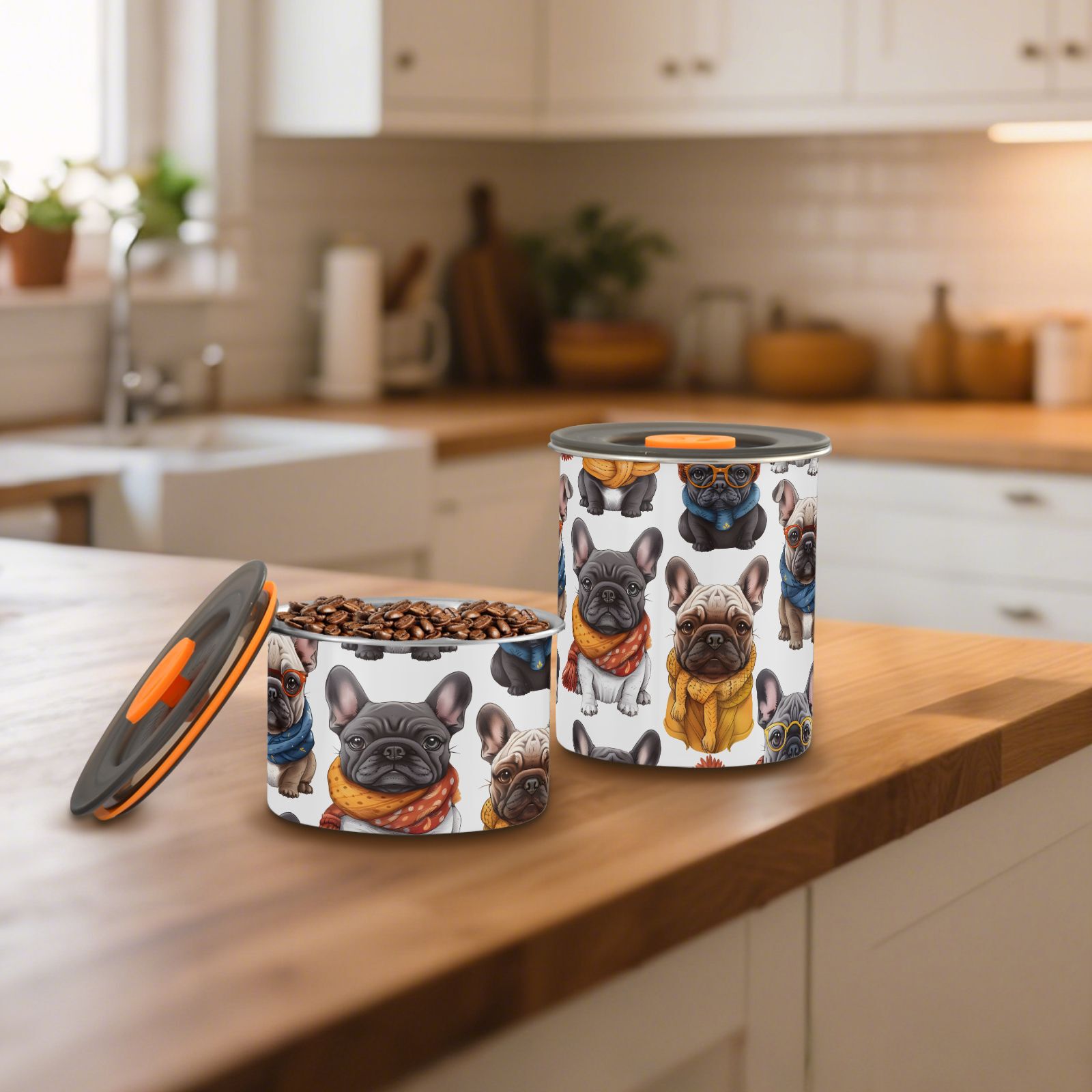 French Bulldogs with Hat Dogs Airtight Coffee Bean Canister 30oz Food Storage Containers with Lids For Gournd, Tea, Sugar, Flour, Rice, Cereal, Candy Cookie Jar