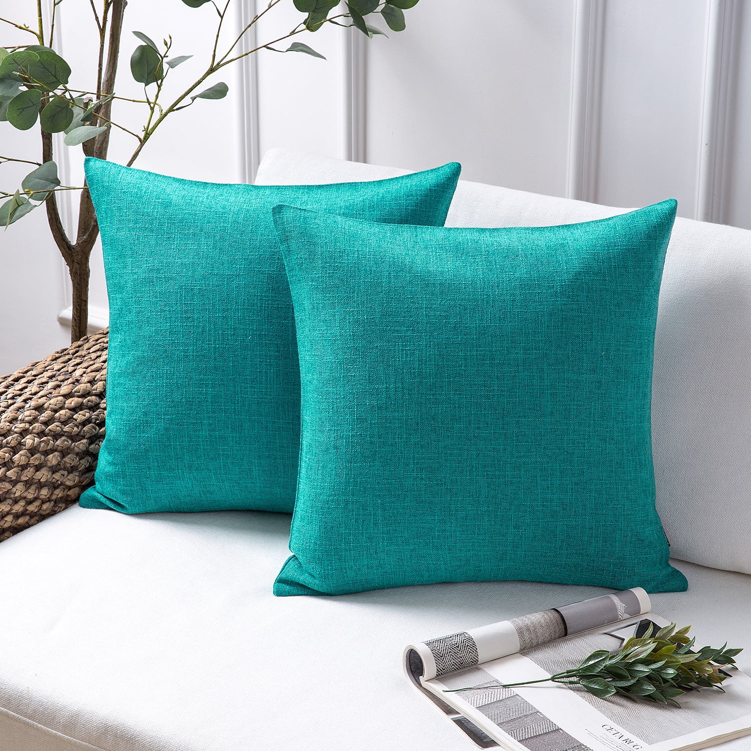 Phantoscope Linen-Look Decorative Throw Pillows with Inserts, 18 x 18 in, Lake Blue, 2 Pack