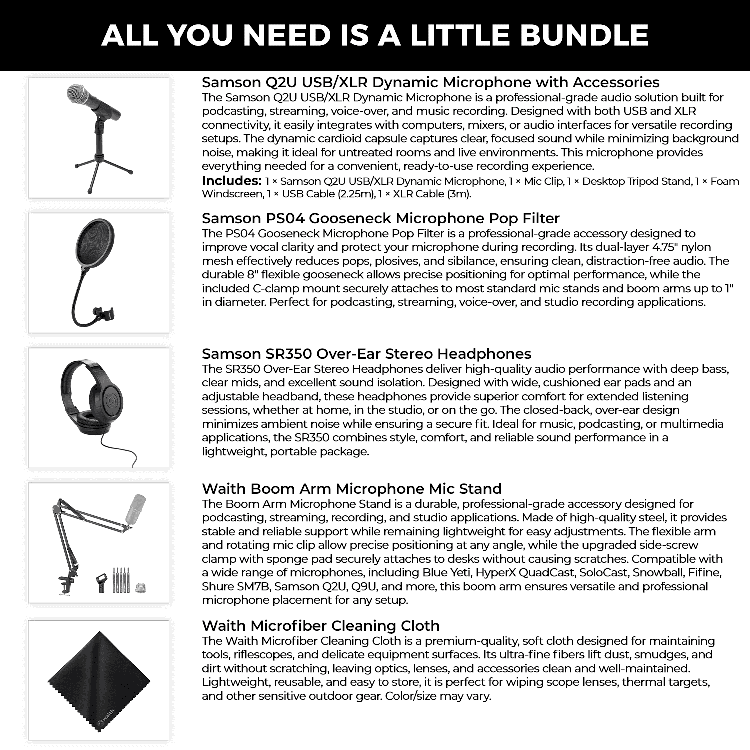 SAMSON Q2U USB/XLR Connectivity Dynamic Microphone with Accessories - PS04 Gooseneck Microphone Pop Filter, SR350 Over-Ear Stereo Headphone, Boom Arm Microphone Mic Stand & Cleaning Cloth - Bundle