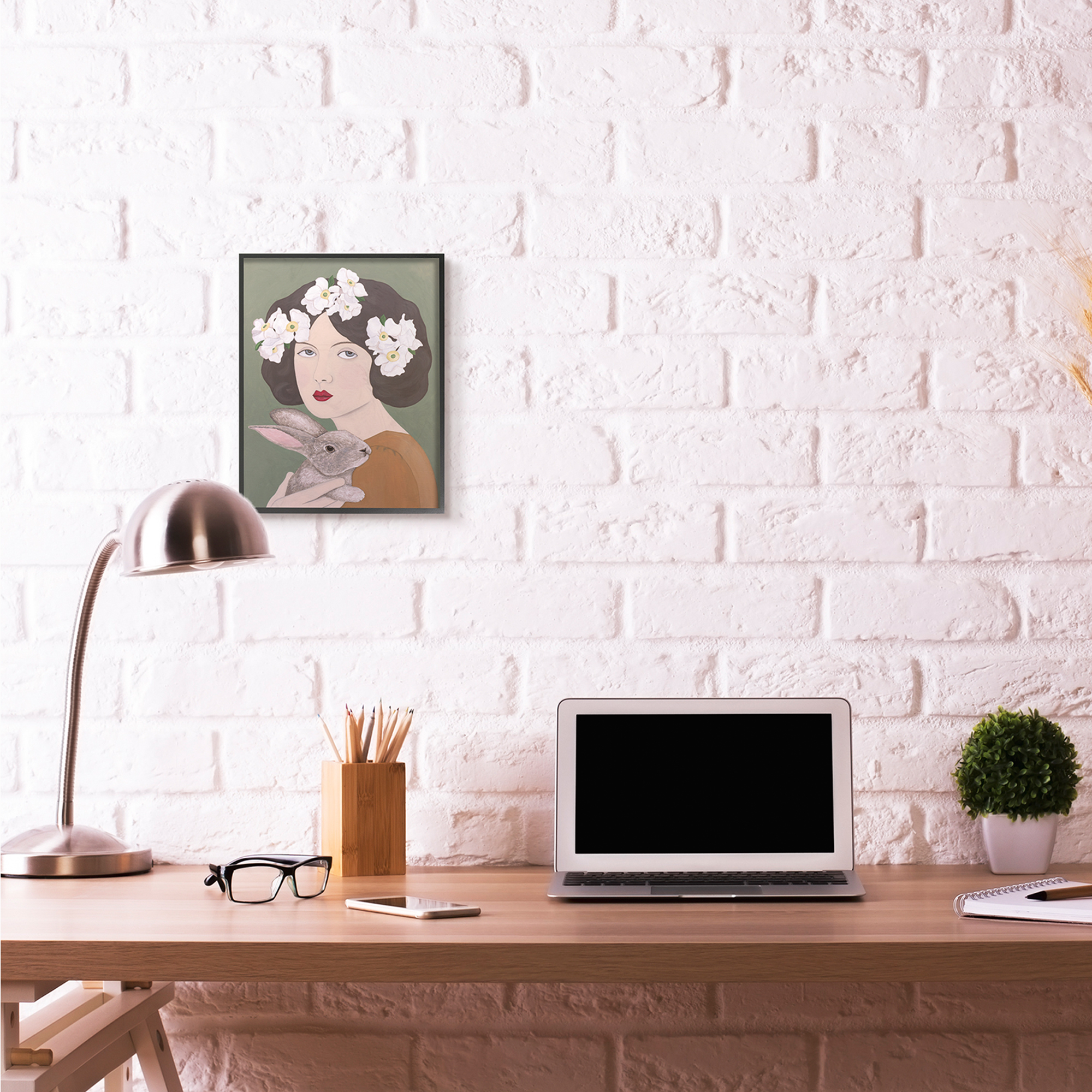 Stupell Industries Woman And Rabbit White Flower Animal Painting Black Framed Art Print Wall Art, 11x14, by Sally B