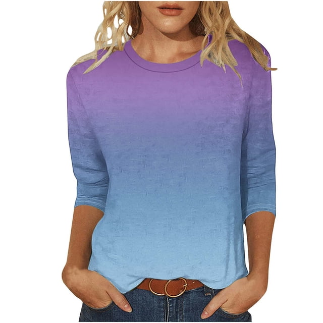 VSSSJ Hauts à Manches 3/4 pour Femmes Décontracté Tendance Dégradé Manches Raglan Col Rond Coupe Décontractée Tunique Respirante Tee-Shirt Marine L