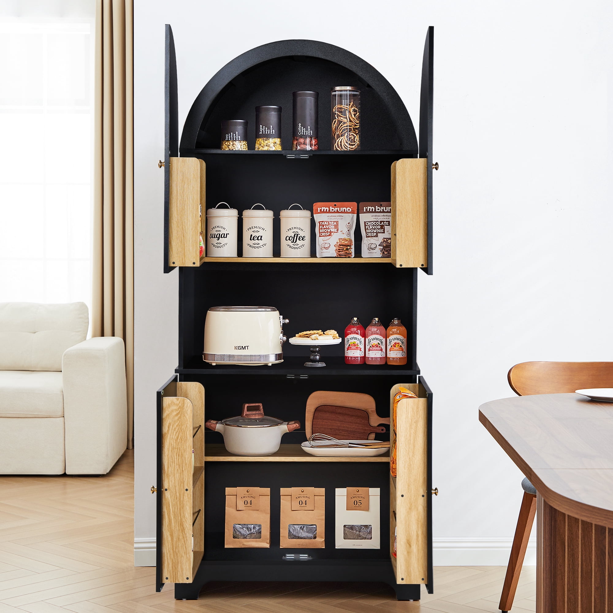 LEFHDA 71" Tall 5-Tier Arched Kitchen Pantry Cabinet with Doors, Large Storage Cabinet Freestanding Wooden Storage Cabinet for Kitchen, Living Room & Bathroom (Black)