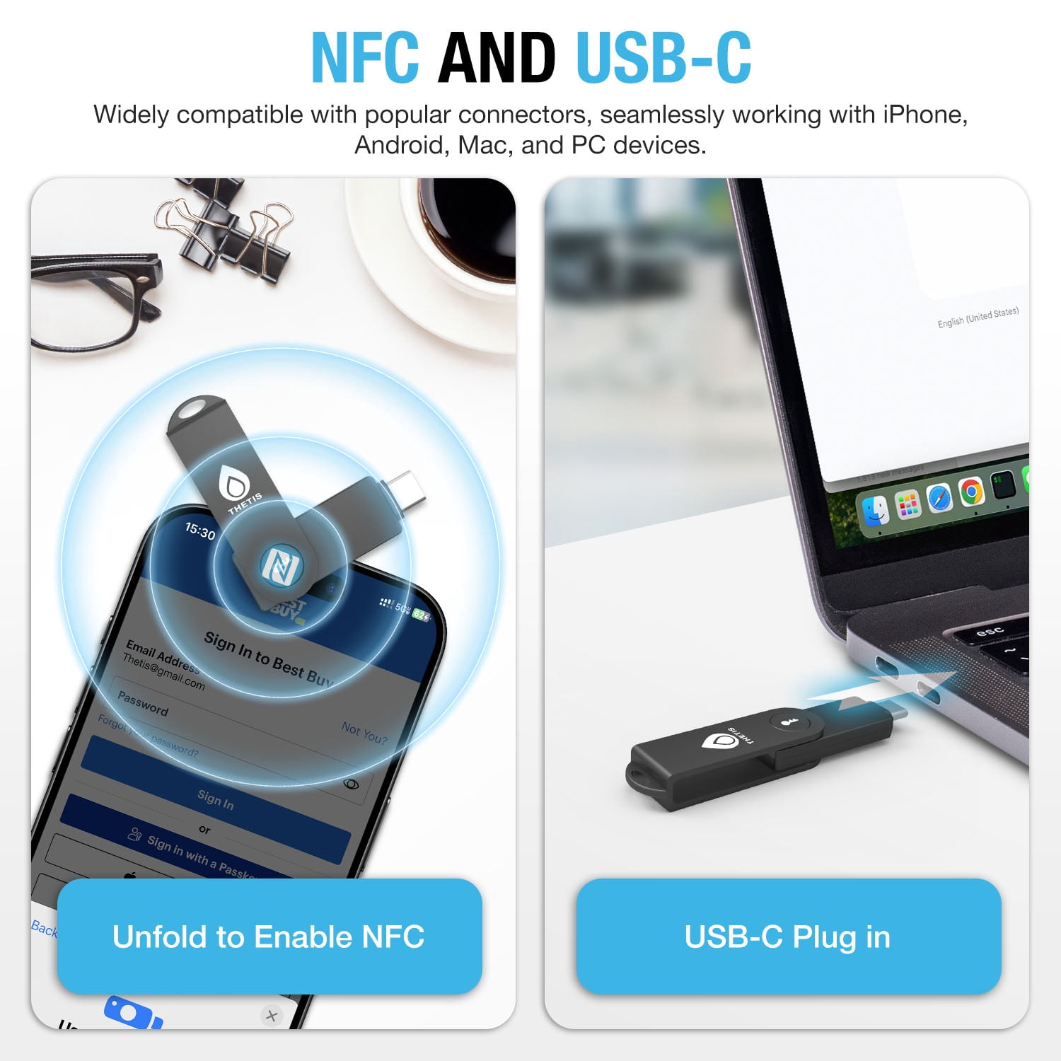 Thetis Pro-C FIDO2 Security Key Passkey Device with USB C & NFC, TOTP/HOTP Authenticator APP, FIDO 2.0 Two Factor Authentication 2FA MFA, Works with Windows/macOS/Linux/Gmail/Facebook/Dropbox/GitHub