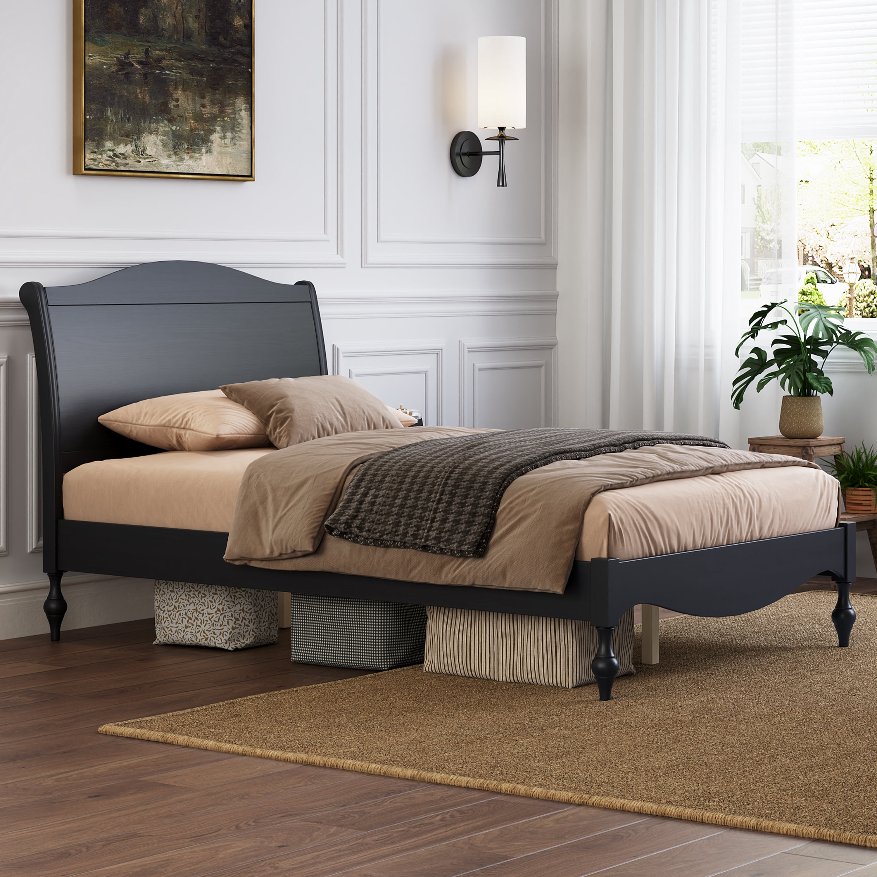 Mintazer Vintage Curved Full Platform Bed with Traditional Arched Headboard & Turned Legs for Bedroom, No Box Spring Needed, Easy Assembly, Black
