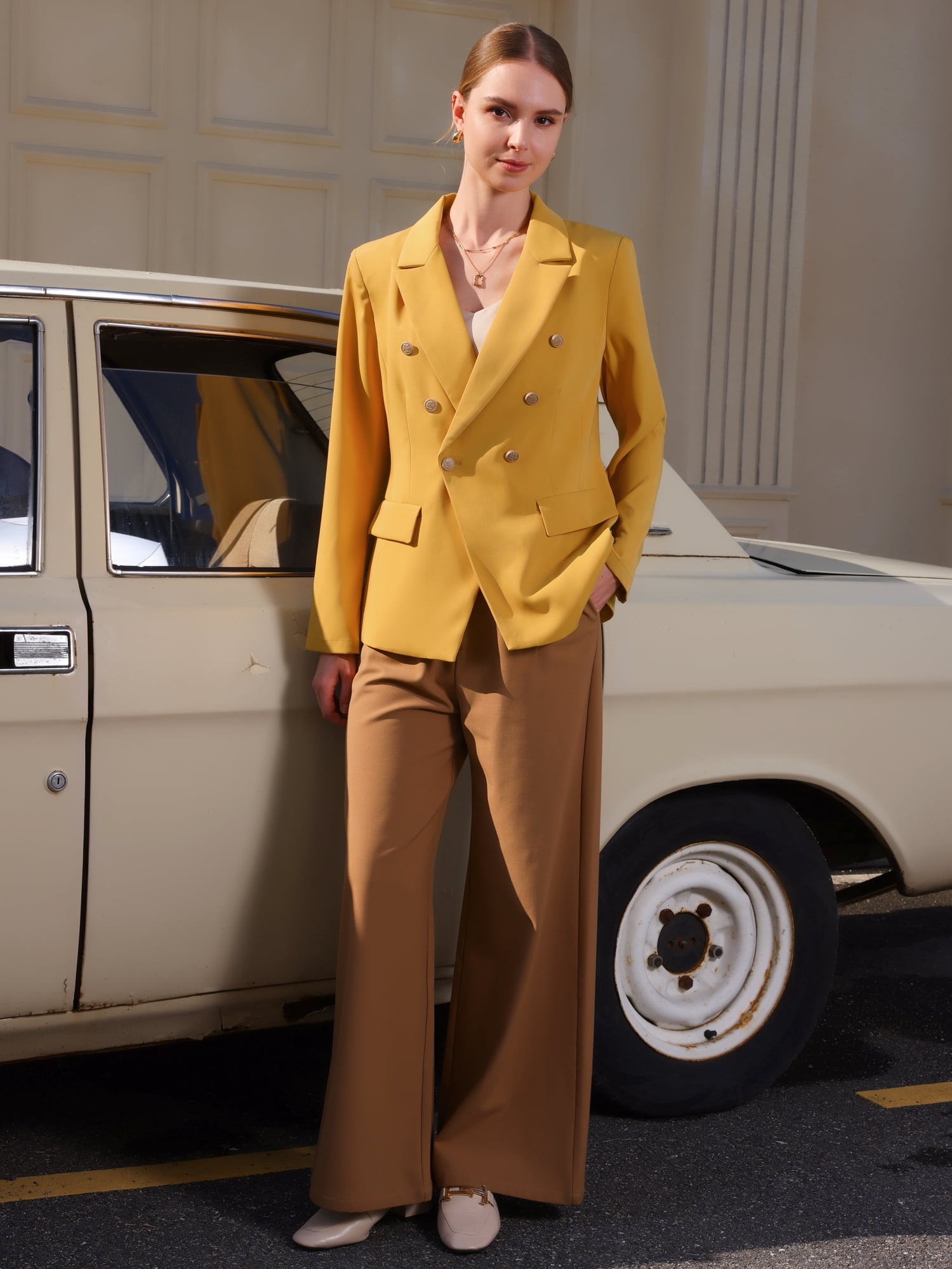 DARING DIVA Women's Spring Double Breasted Blazer for Elegant Looks XL Yellow