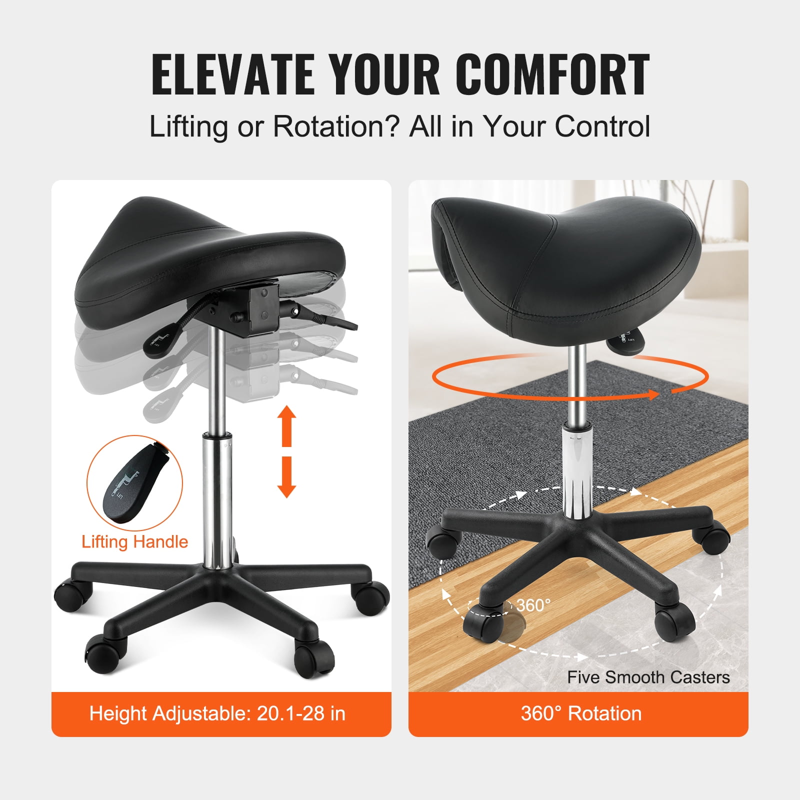 KFFKFF Saddle Stool with Wheels, Height Adjustable Thickened PU Leather Swivel Saddle Stools Chair for Salon, Spa, Tattoo, Clinic, 400 LBS Weight Capacity Ergonomic Rolling Saddle Stool, Black