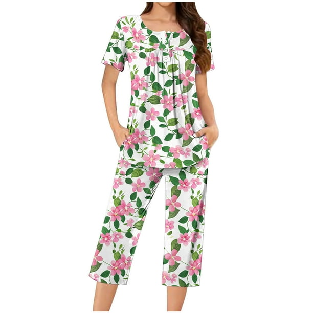 Blusas de Manga Corta para las Mujeres Casual Cuello Redondo, Pantalones de Moda Traje de Pijamas para Uso Diario Y Casero