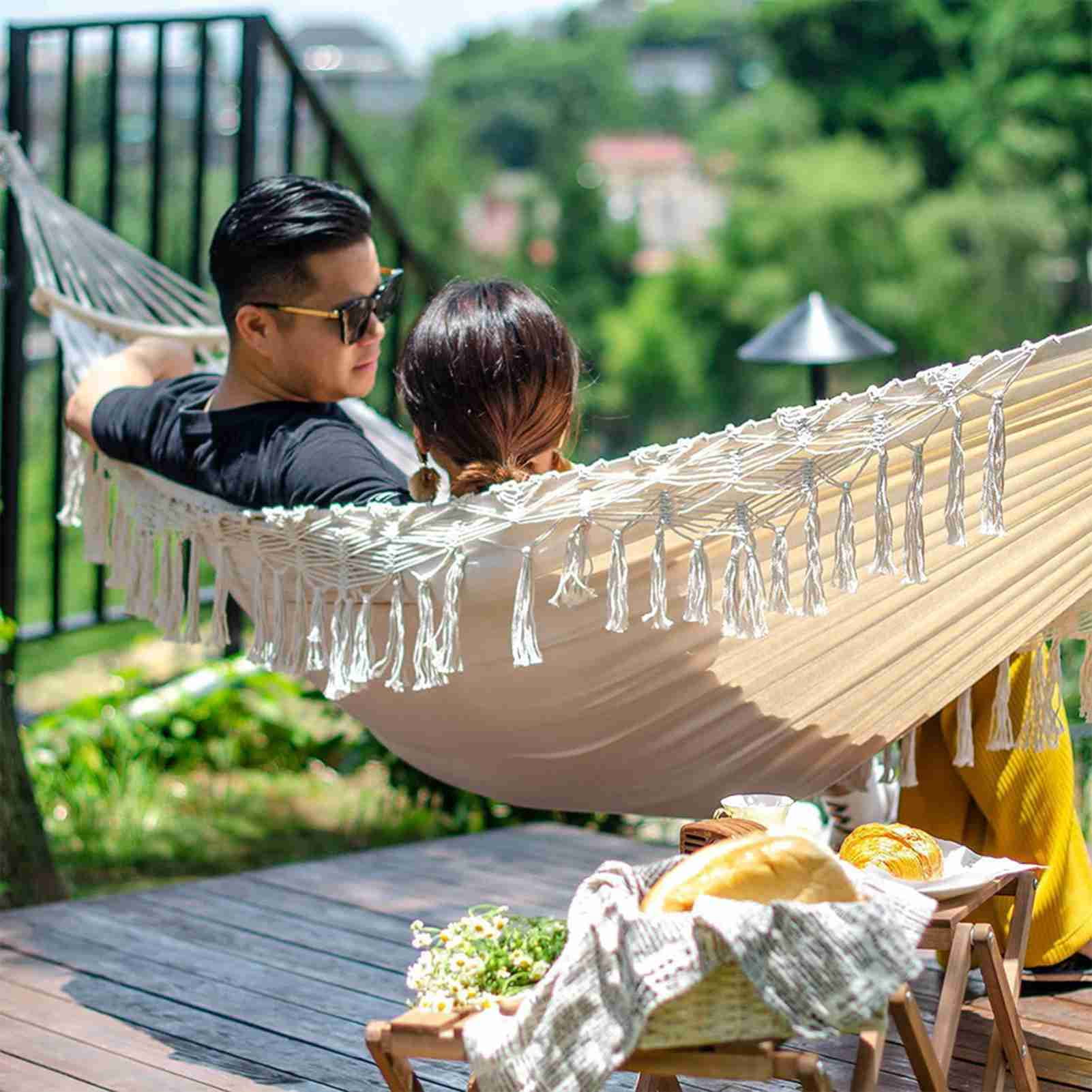 YAHHU Double Macrame Hammock 2 Person Canvas Swing Bed with Anti-Rollover Wooden Pole Tassels for Indoor Outdoor Patio Beach Yard Camping White (59x78.7 inches / 150x200 cm)