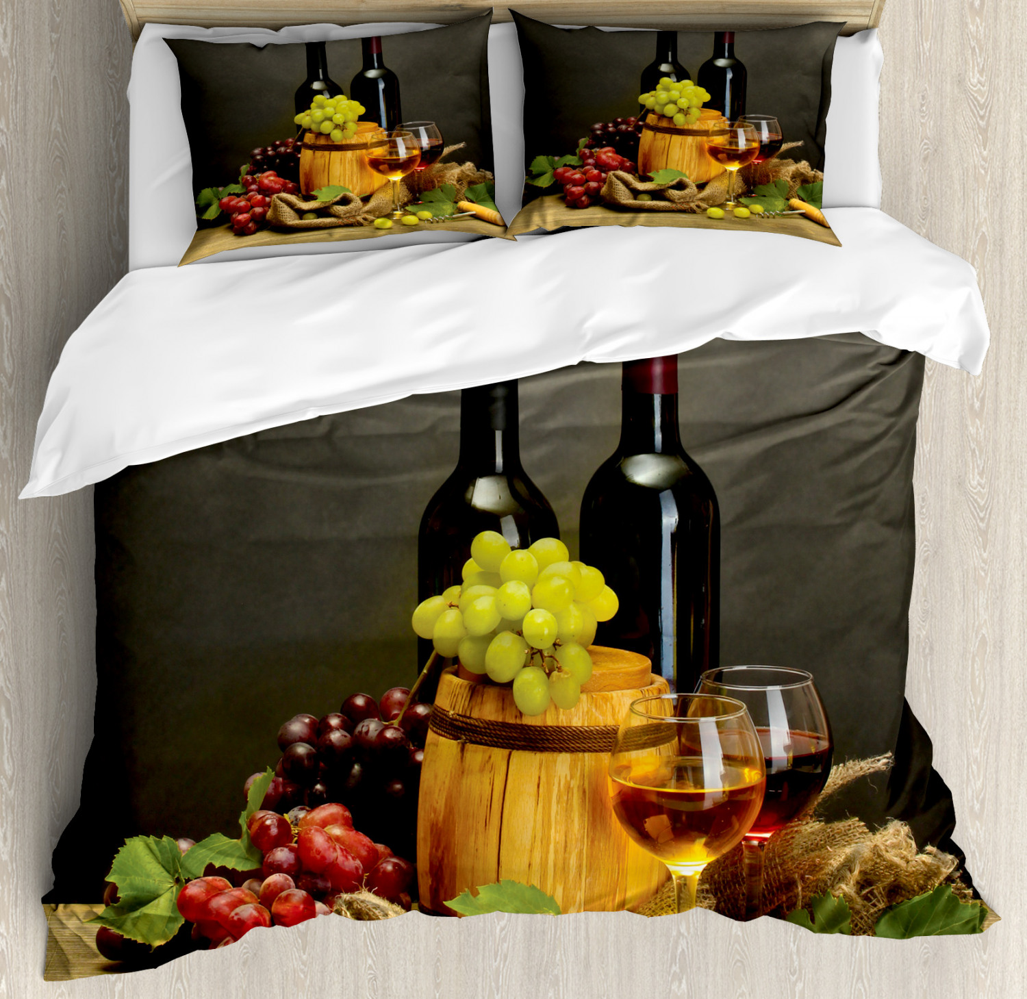 Winery King Size Duvet Cover Set, Barrel Bottles and Glasses of Wine