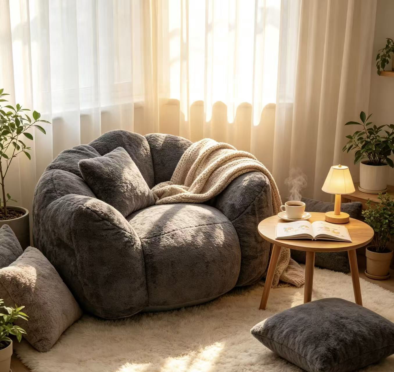 Leumius Cloud Lazy Sofa Chair,Velvet Bean Bag Chair,Comfortable Floral-Shaped Lounger Lazy Sofa for Bedroom/Living Room/Gaming,Antique Grey