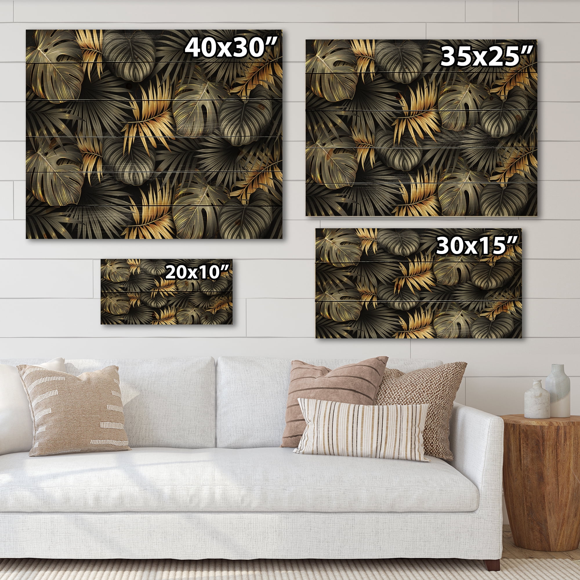 Designart 'Gold and Black Tropical Leaves II' Modern Print on Natural Pine Wood