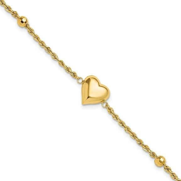 Auriga Fine Jewelry 14K Yellow Gold Polished and D/C Beaded Puff Heart 7.75inch Bracelet for Women