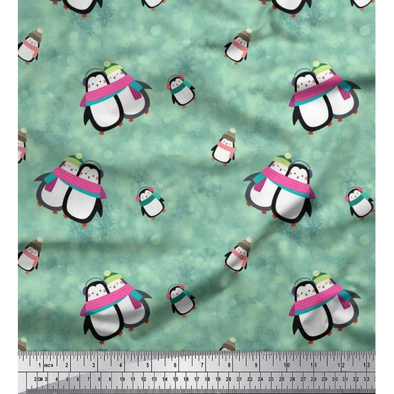 Soimoi Silk Fabric Snowman & Penguin Kids Print Fabric by Yard 42 Inch Wide