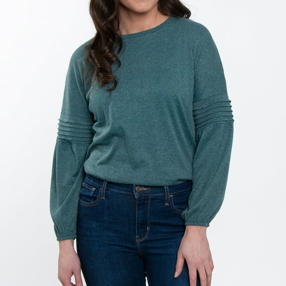Elsie & Zoey Carson Pleated Bishop Long Sleeve Crew Neck Sweater for Women