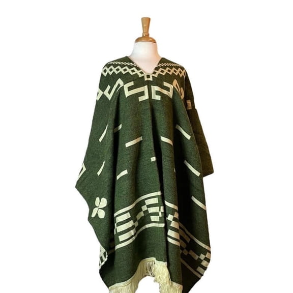 Unisex Warm Green Beige Alpaca Blend Wool Poncho