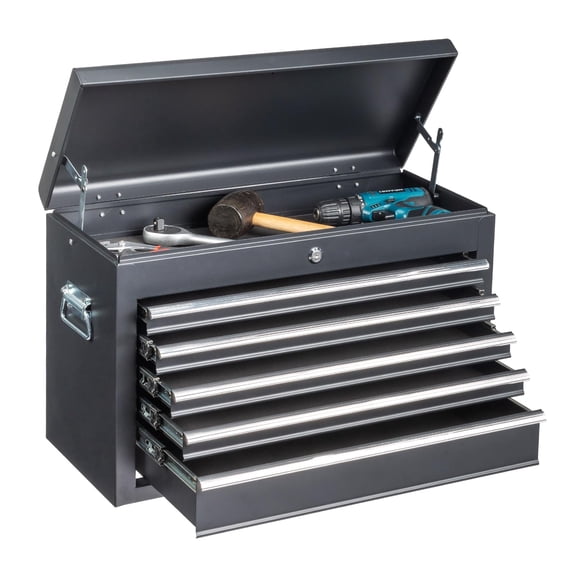 24" Portable Metal Tool Box, 5 Drawers Toolbox with Top Storage Tray, Carry Handle, Ball Bearing Runners, Lockable Tool Chest Cabinet for Garage, Warehouse, Repair Shop & Home, Black