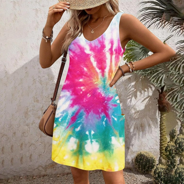 Lovskoo Summer Dresses for Women 2024 Sleeveless Mini Dress Sundresses  Floral Tie Dye Printed Casual with Pockets Boho Beach Dress T-Shirts Dress  V Neck Loose Tank Dresses Multicolor 2XL - Walmart.com