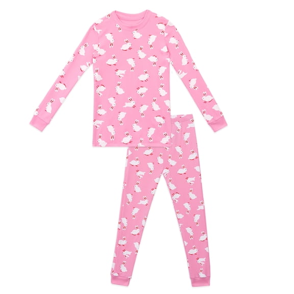 NIPAXO Girls Pajamas Set Long Sleeve Cute Rabbit Bunny Print Casual Sleepwear with Pink Trim for Toddler Little Girls