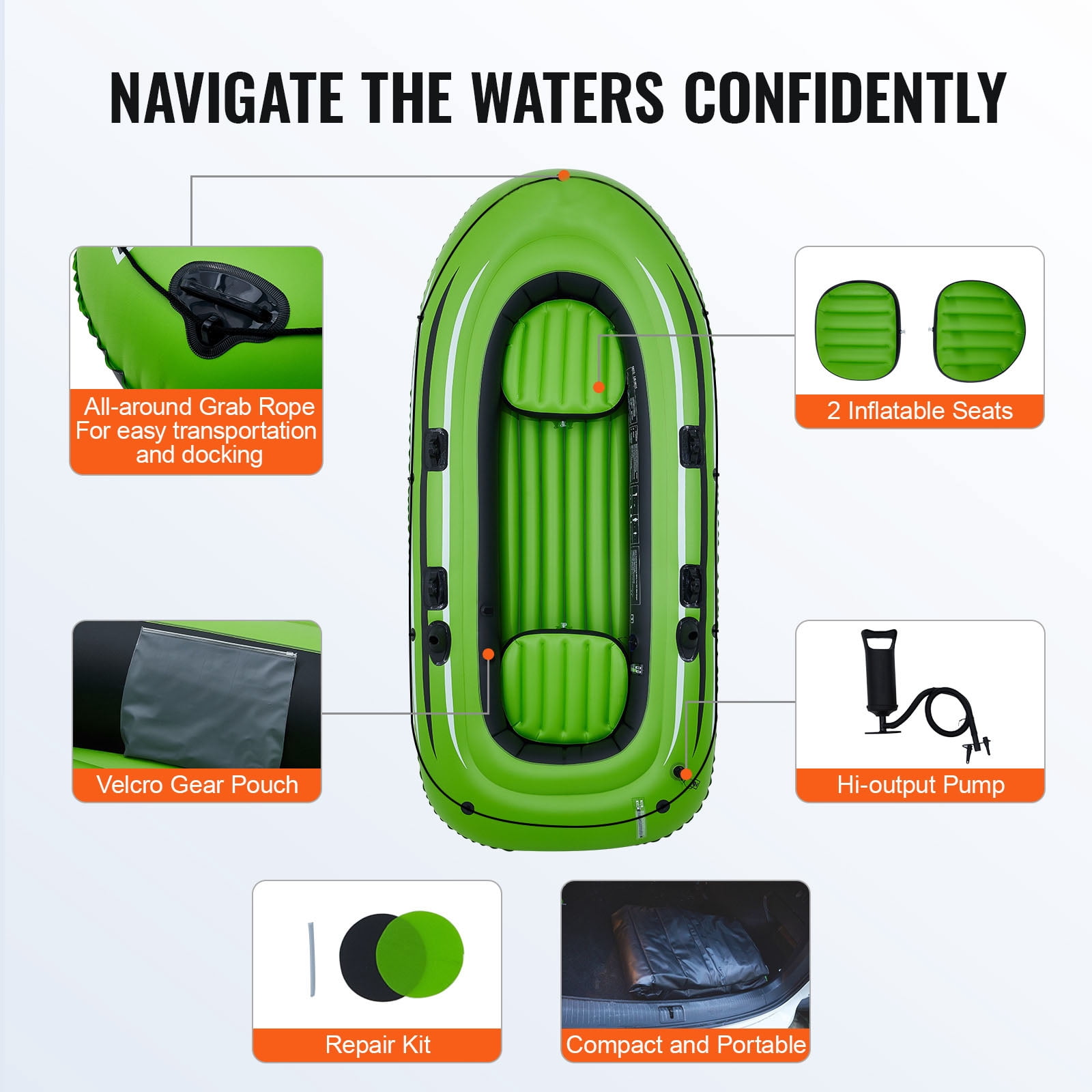 KFFKFF 3-Person PVC Inflatable Boat with Aluminum Oars and High-Output Pump