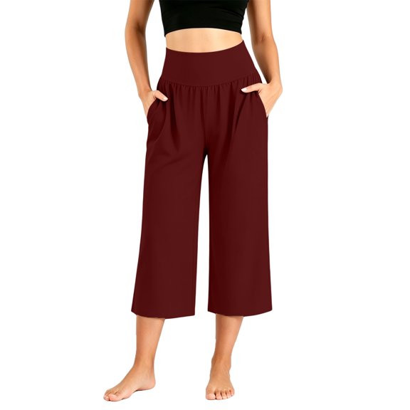 SAWOBUUN Womens Yoga Capri Pants Wide Leg High Waisted Lounge Pants Soft Lightweight Cropped Trousers with Pockets