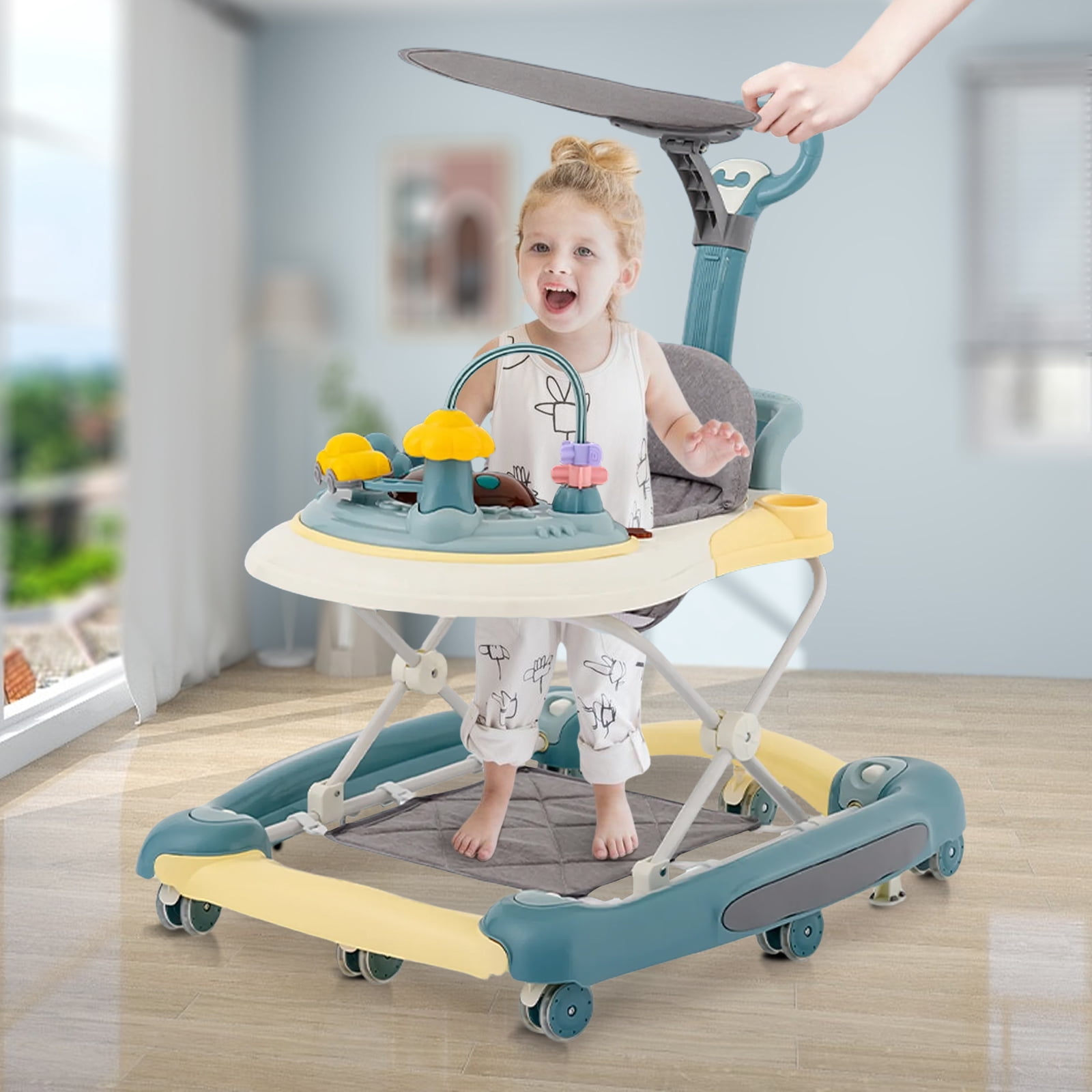 OUYI Foldable Baby Walker for Newborn & Toddler Safe - Sunshade, Foldable for Portability, Green